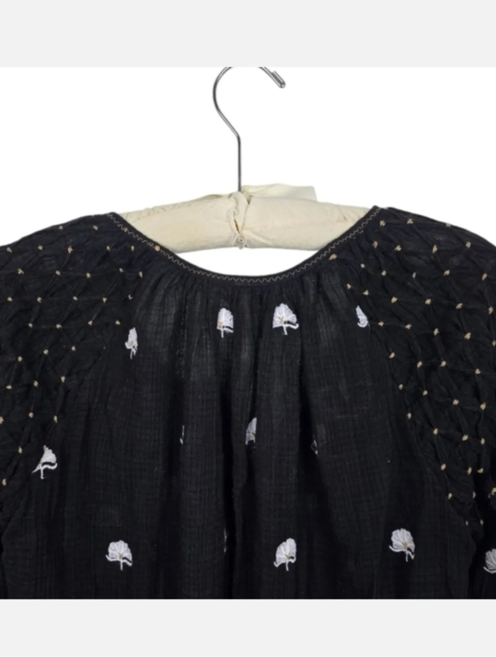 Free People Gauzy Floral Embroidered Peasant Blouse Henley Neck Black White XS